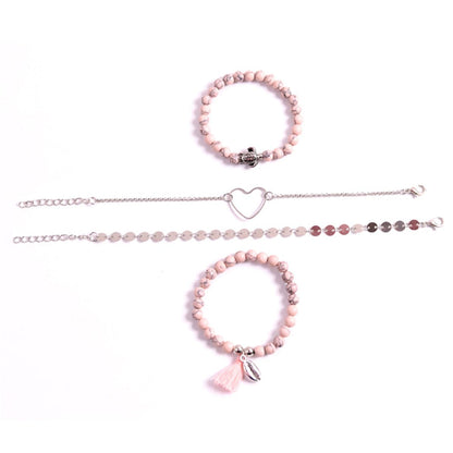 Pink Turquoise and Silver-Plated Beaded Stretch Bracelet Set, jewelry gift sets for women, detail close-up
