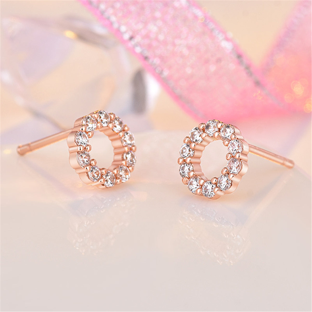 Cubic Zirconia & 18K Rose Gold-Plated Circle Stud Earrings
