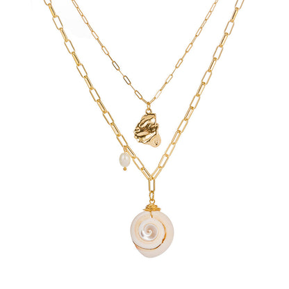 Shell and 18K Gold-Plated Layered Pendant Necklace, gold pendant necklace for women, vintage-inspired design, side view