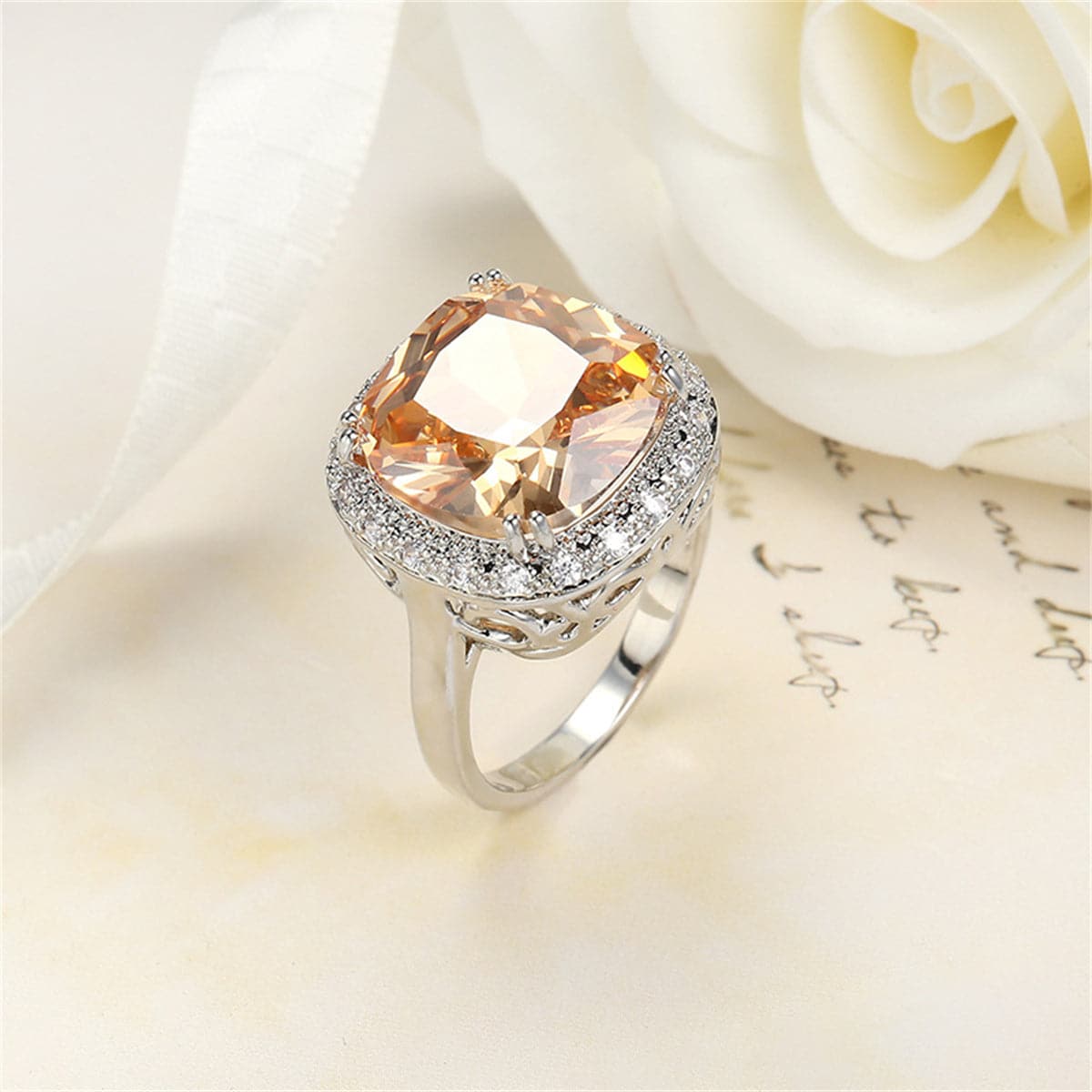 Champagne Crystal & Cubic Zirconia Halo Cushion-Cut Ring