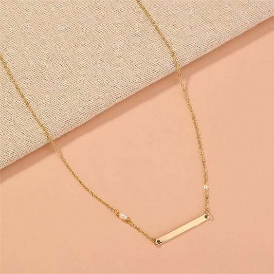 Pearl and 18K Gold-Plated Accent Bar Necklace, gold pendant necklace for women, vintage-inspired design, front view