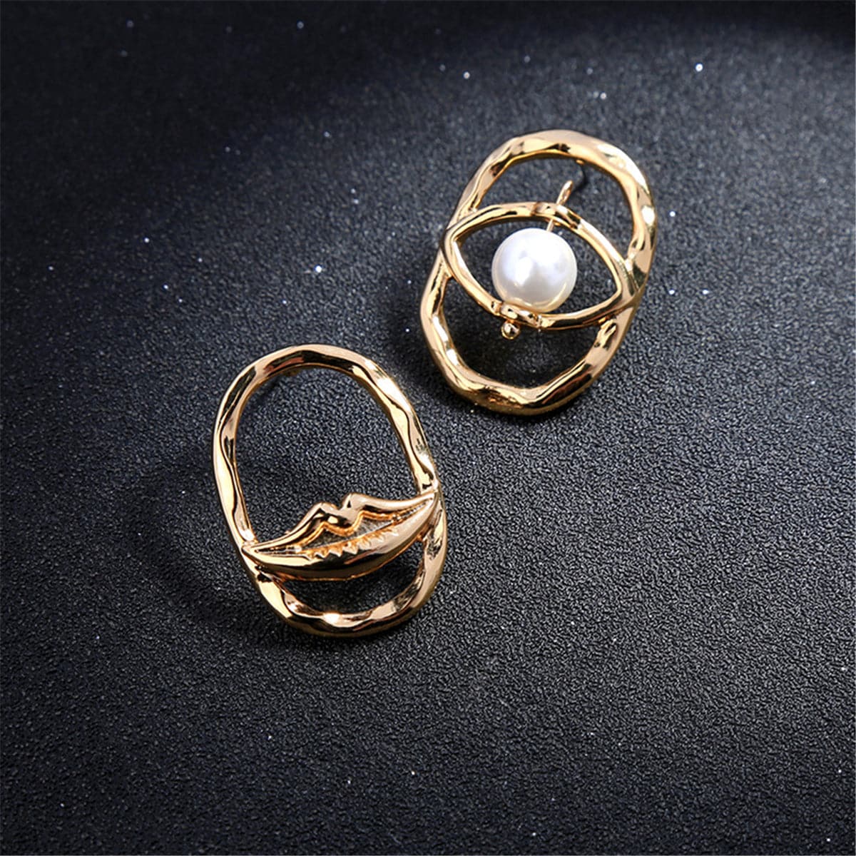 Pearl & 18K Gold-Plated Asymmetrical Eye Lip Stud Earrings