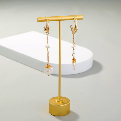 Pearl and 18K Gold-Plated Crescent Linked Drop Earrings, gold drop earrings for women, detail close-up