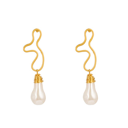 Pearl and 18K Gold-Plated Open Geometric Drop Earrings, gold drop earrings for women, everyday style, side view