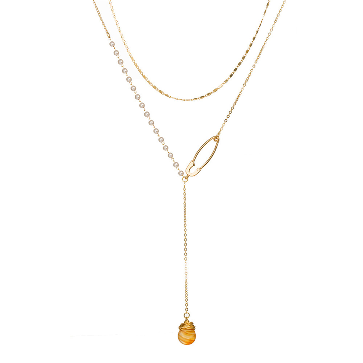 Pearl and Resin 18K Gold-Plated Pin Drop Layered Necklace, gold pendant necklace for women, front view