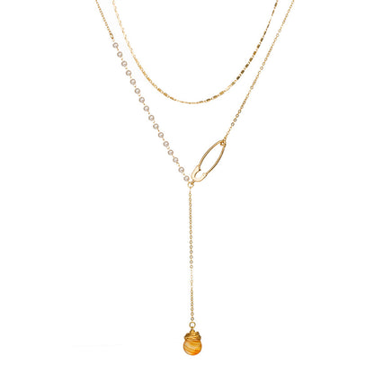 Pearl and Resin 18K Gold-Plated Pin Drop Layered Necklace, gold pendant necklace for women, front view