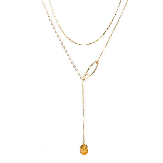Pearl and Resin 18K Gold-Plated Pin Drop Layered Necklace, gold pendant necklace for women, front view