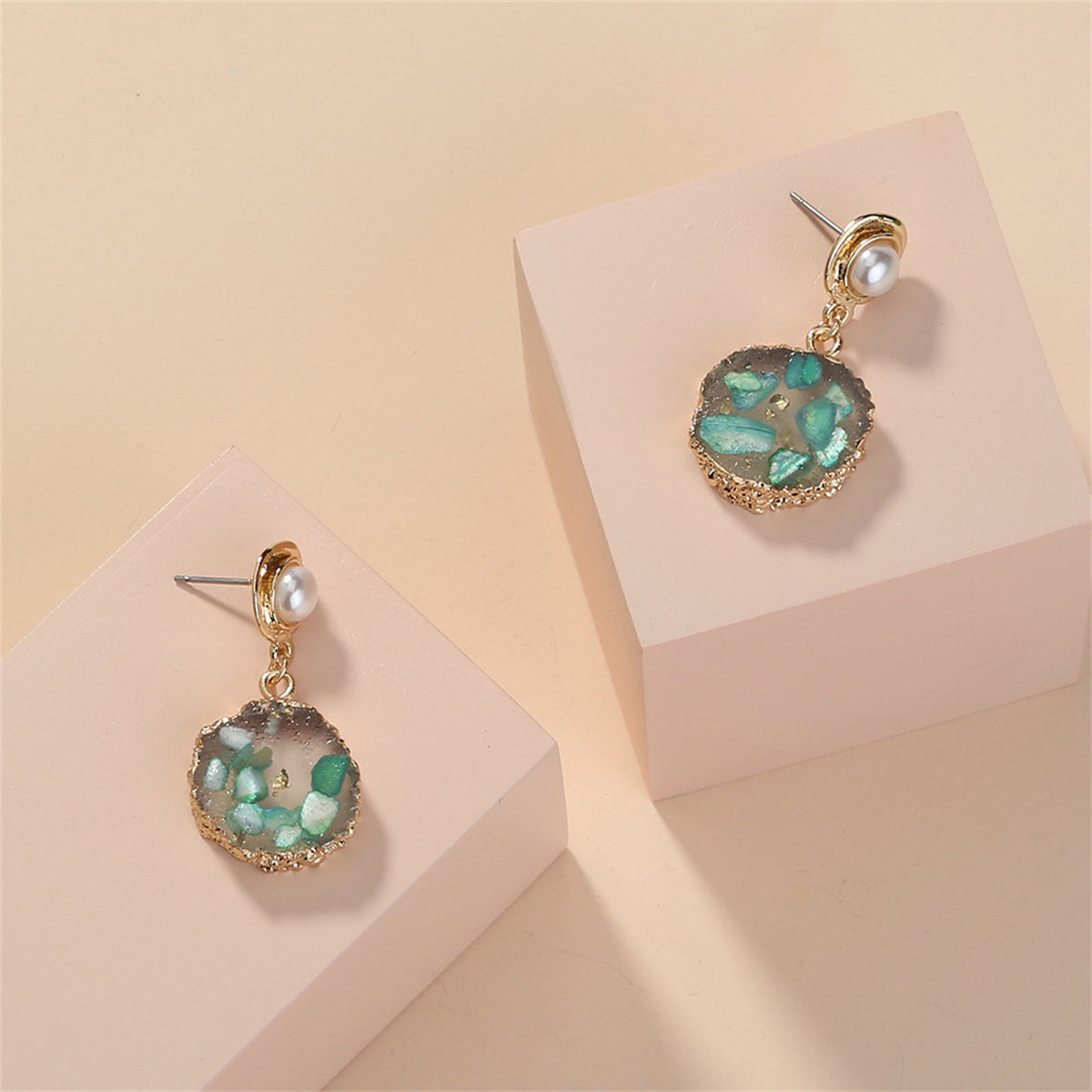 Green Resin and Pearl 18K Gold-Plated Tiered Drop Earrings, gold drop earrings for women, elegant gift for her, side view