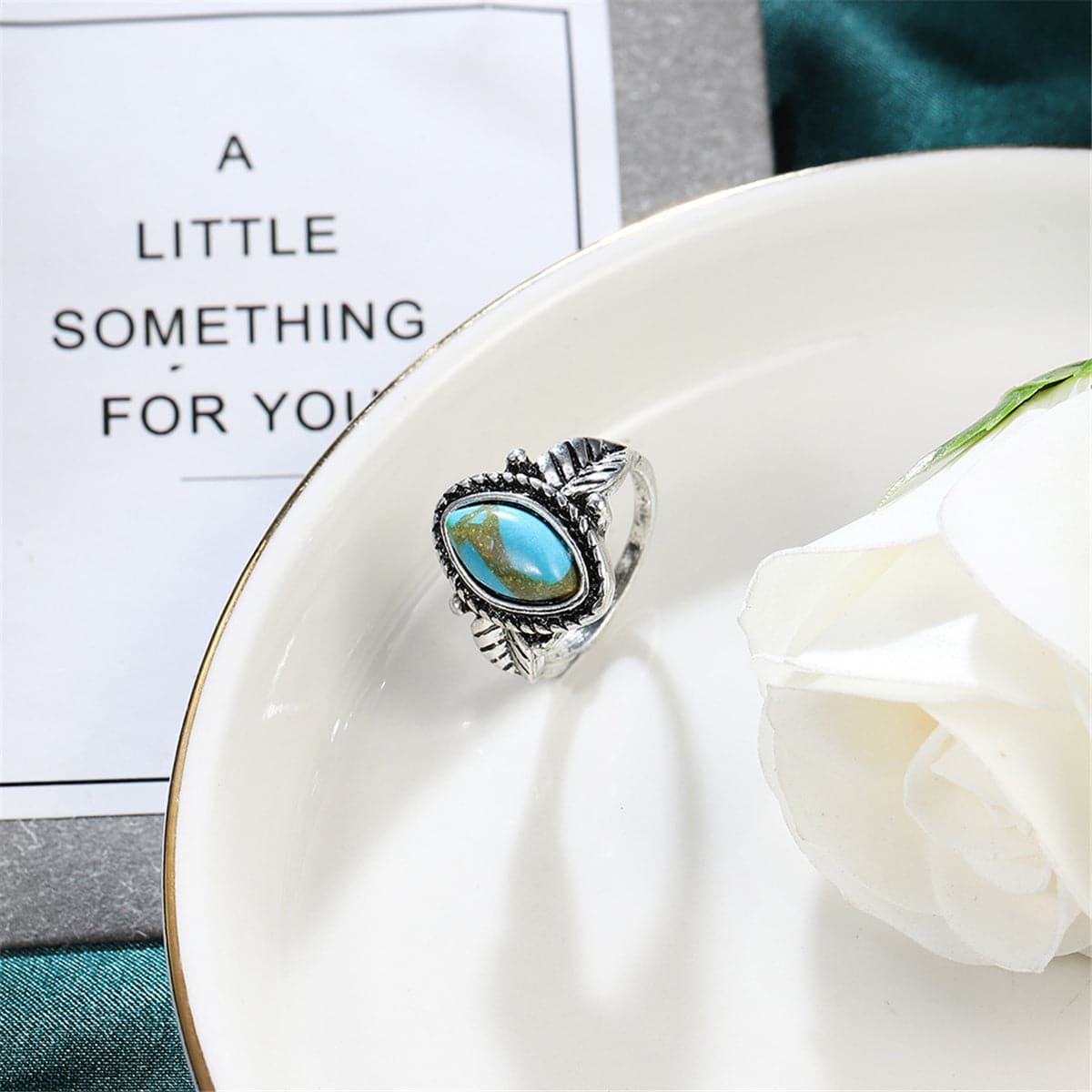 Turquoise & Silver-Plated Leaf Ring