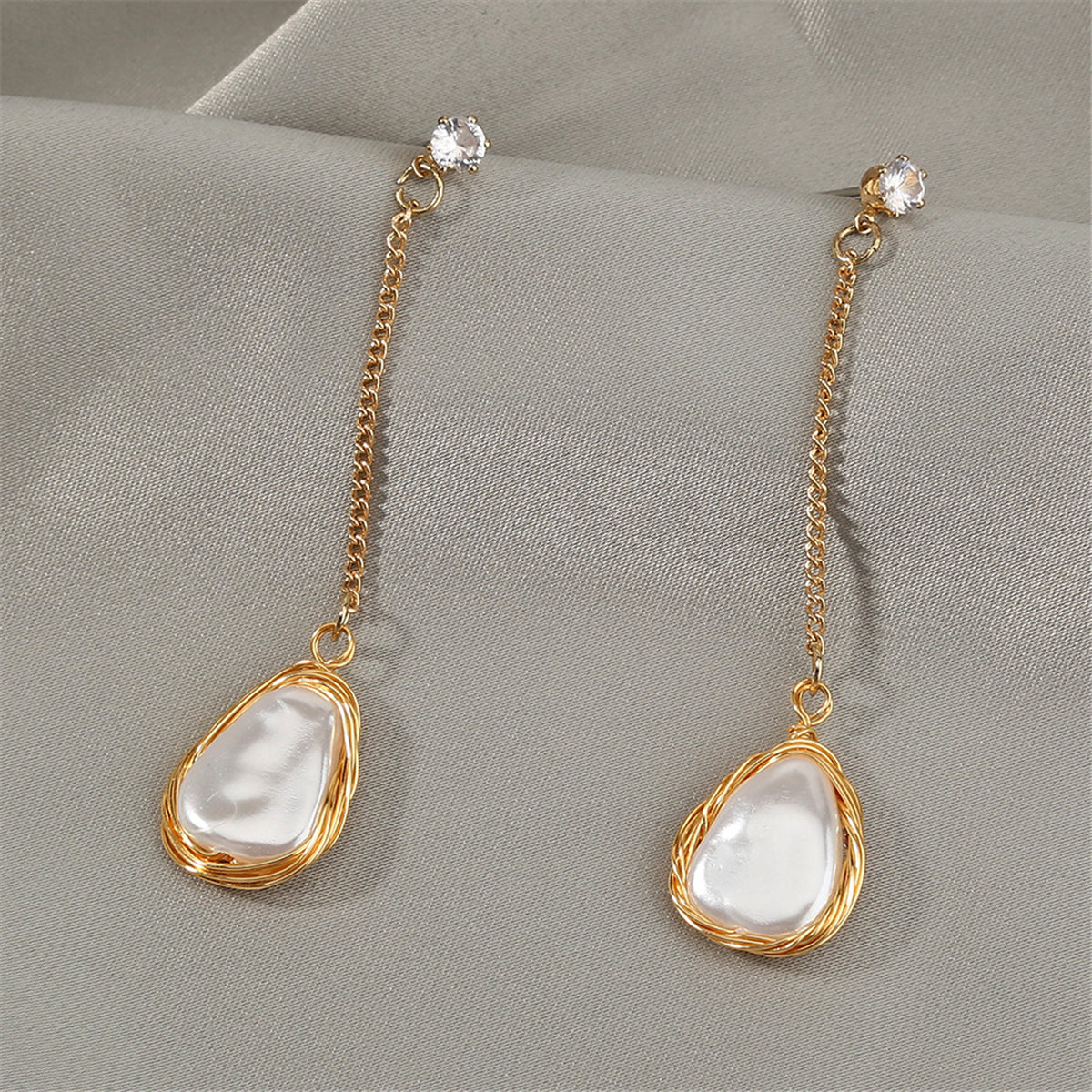 Cubic Zirconia and Pearl 18K Gold-Plated Chain Drop Earrings, gold drop earrings for women, side view