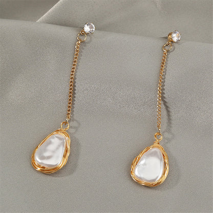 Cubic Zirconia and Pearl 18K Gold-Plated Chain Drop Earrings, gold drop earrings for women, side view