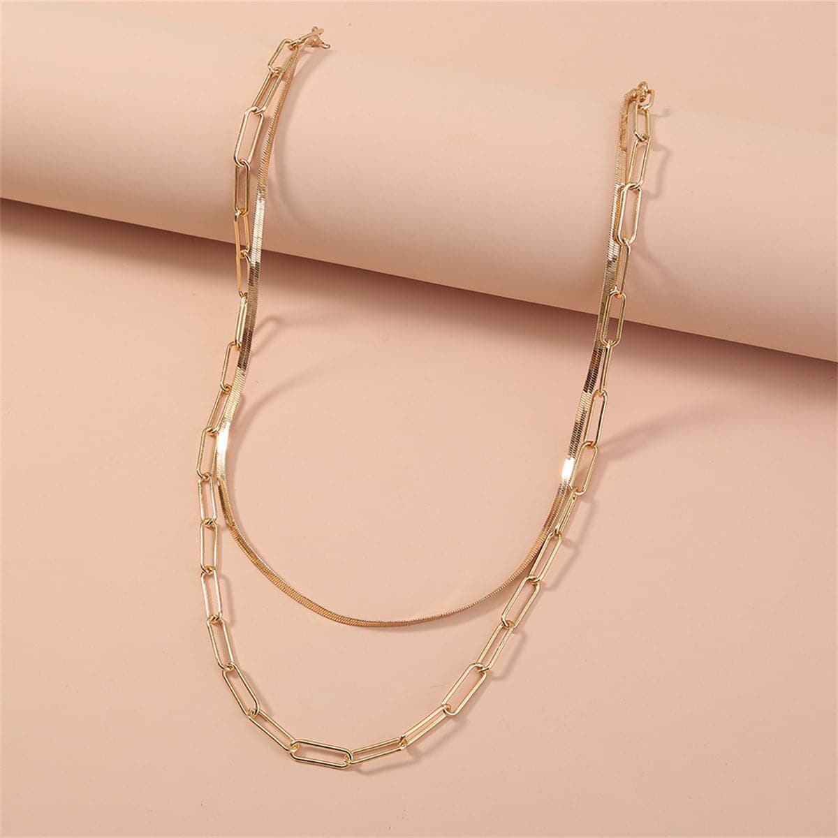 18K Gold-Plated Snake Chain and Open Rectangle Chain Layered Necklace, gold pendant necklace for women, front view