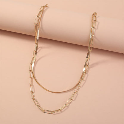 18K Gold-Plated Snake Chain and Open Rectangle Chain Layered Necklace, gold pendant necklace for women, front view