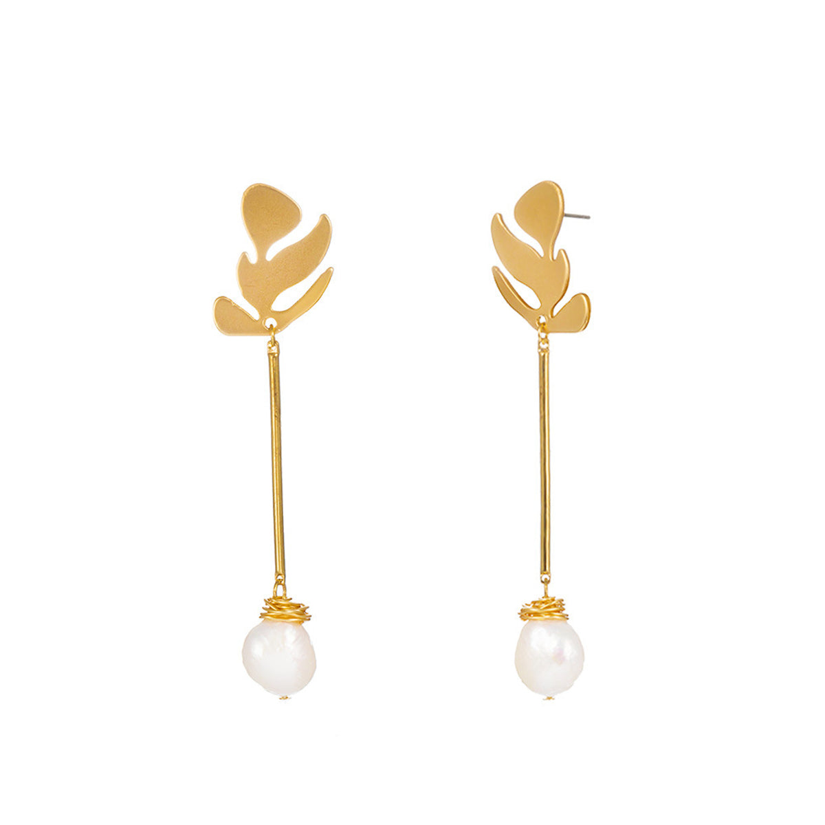 Pearl and 18K Gold-Plated Leaf Drop Earrings, gold drop earrings for women, vintage-inspired design, side view