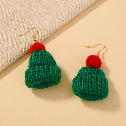 Green and Red Wool and 18K Gold-Plated Hat Drop Earrings, gold drop earrings for women, detail close-up