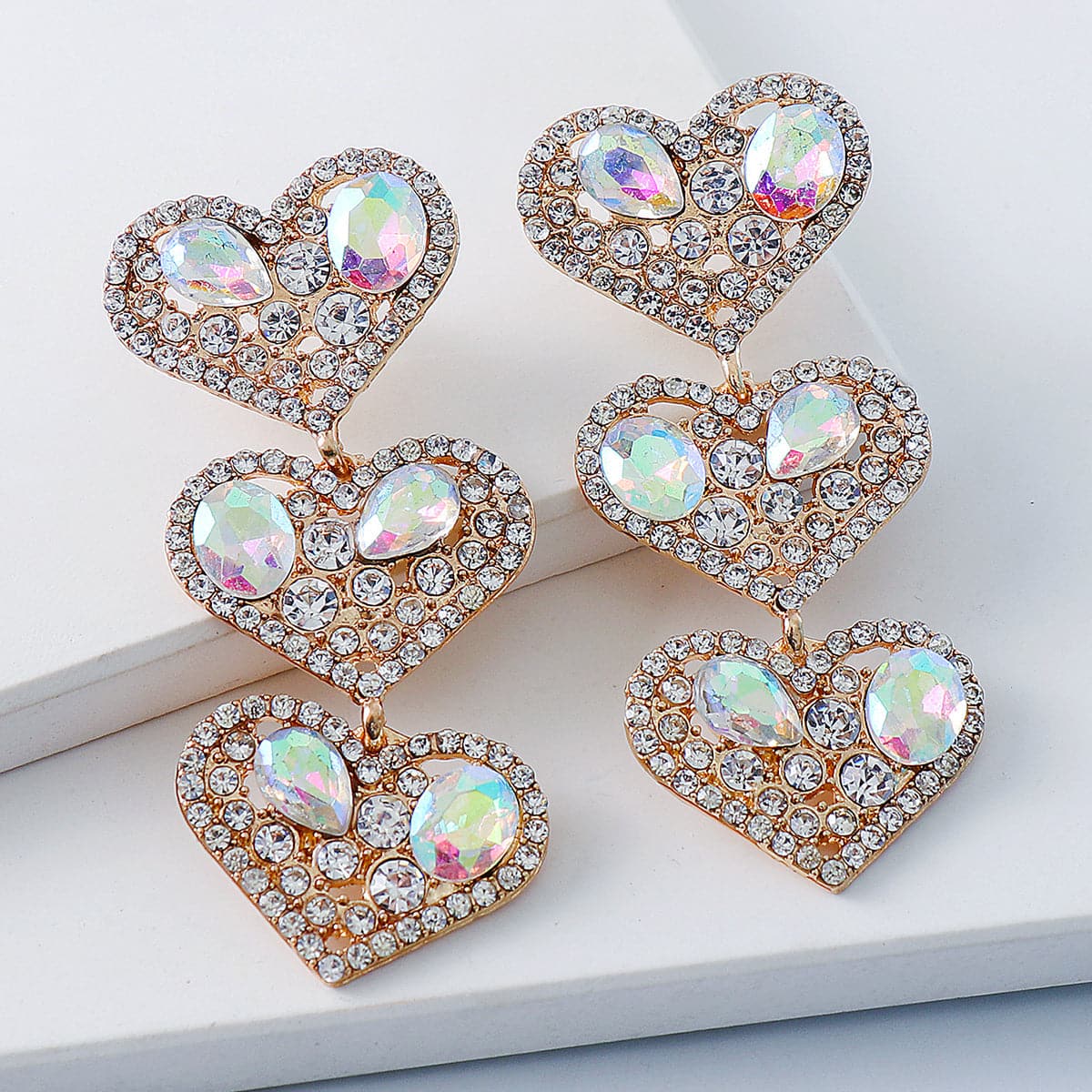 Cubic Zirconia & Crystal 18K Gold-Plated Tiered Heart Drop Earrings