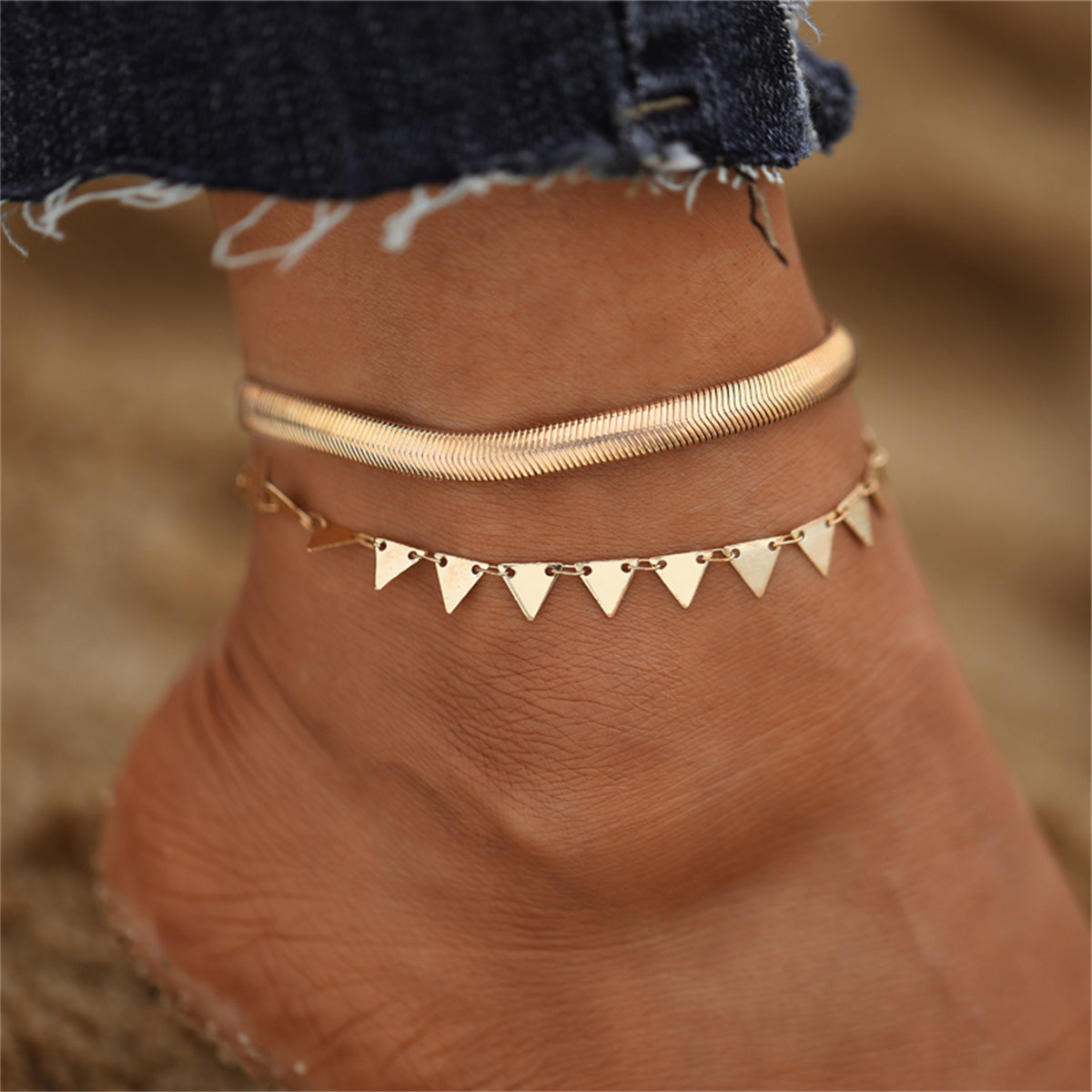 18K Gold-Plated Snake Chain and Triangle Station Anklet Set, jewelry gift sets for women, everyday style, side view
