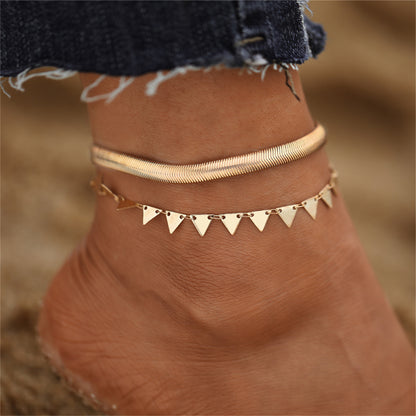 18K Gold-Plated Snake Chain and Triangle Station Anklet Set, jewelry gift sets for women, everyday style, side view