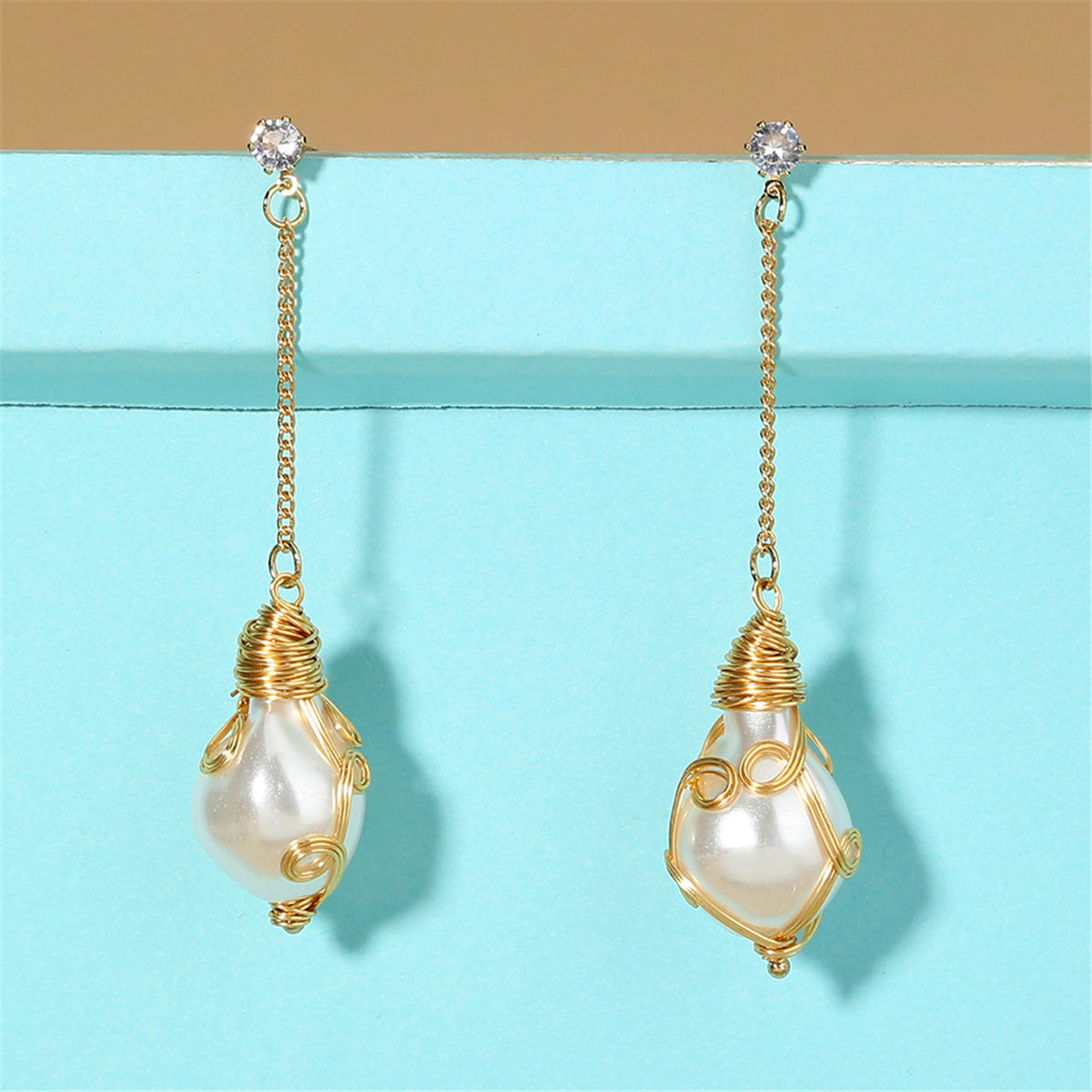Pearl and Cubic Zirconia 18K Gold-Plated Entangled Drop Earrings, gold drop earrings for women, detail close-up