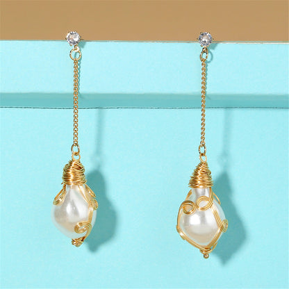 Pearl and Cubic Zirconia 18K Gold-Plated Entangled Drop Earrings, gold drop earrings for women, detail close-up