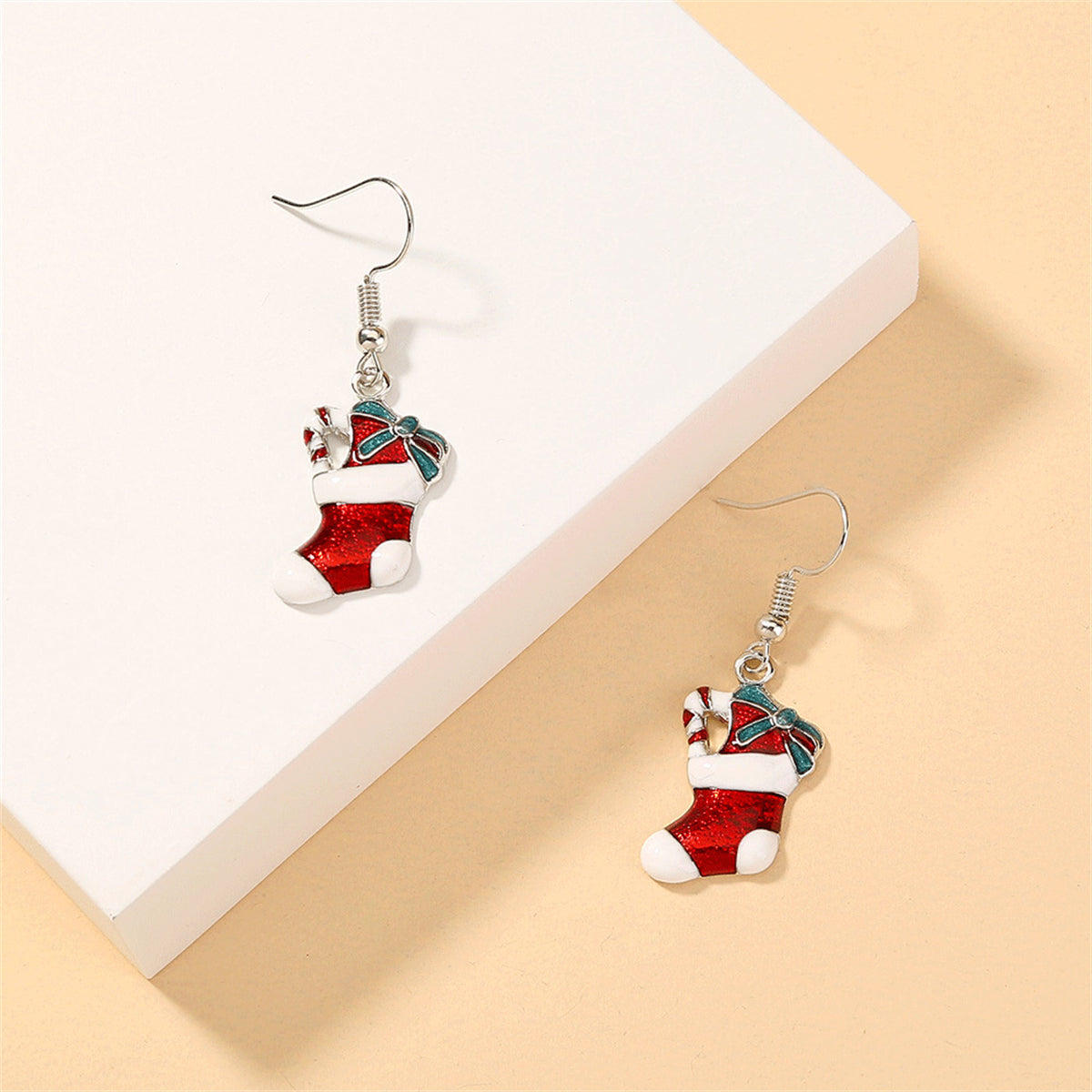 Red Enamel and Silver-Plated Stocking Drop Earrings, silver drop earrings for women, botanical inspired, detail close-up