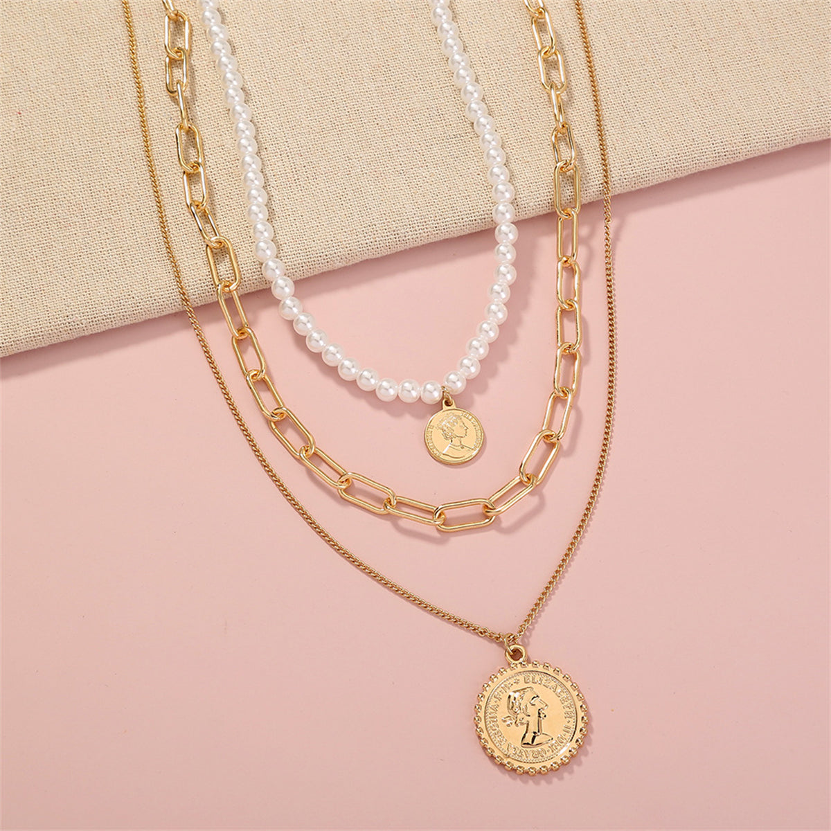 Pearl & 18K Gold-Plated Coin Triple-Chain Layered Pendant Necklace