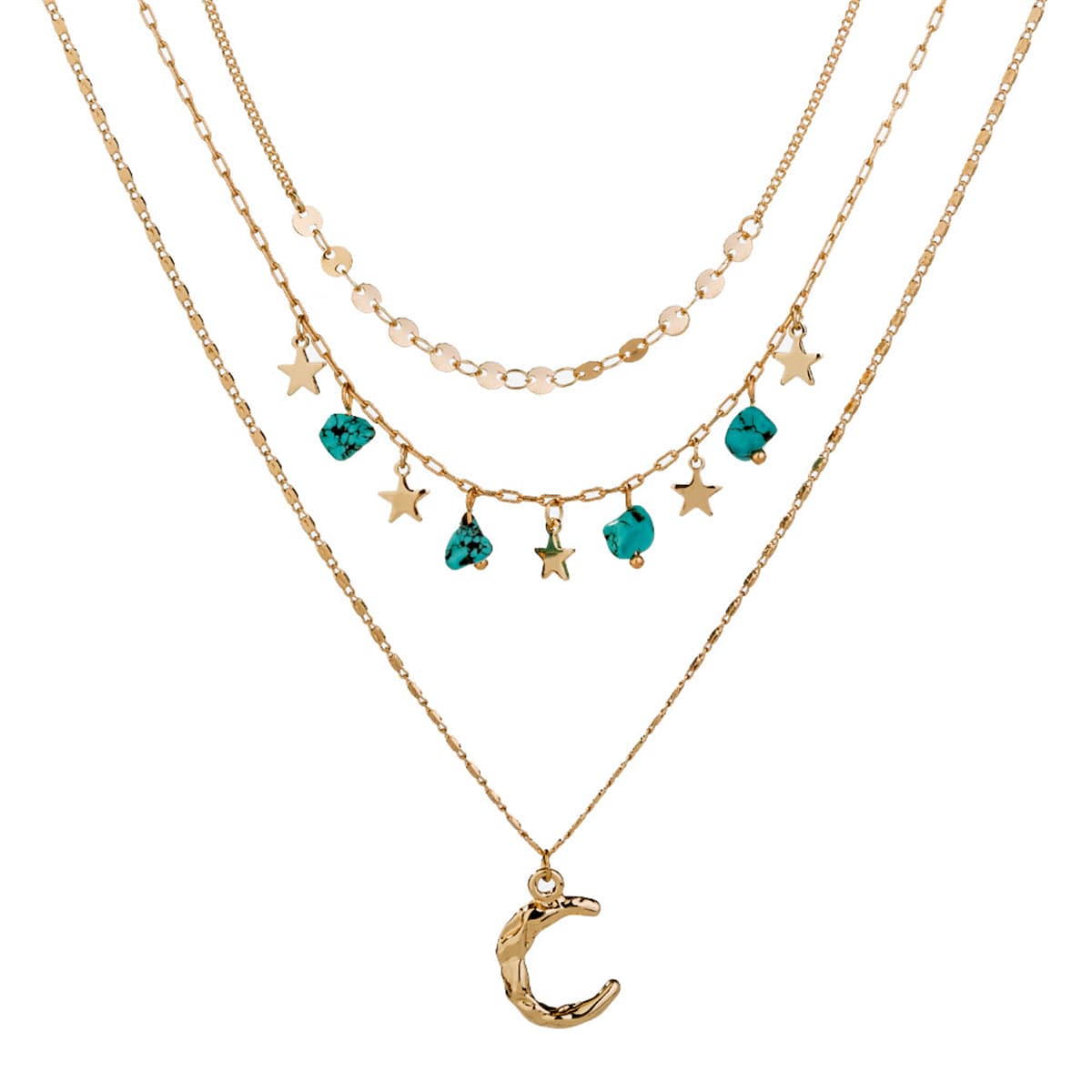 Turquoise and 18K Gold-Plated Layered Celestial Necklace, gold pendant necklace for women, front view