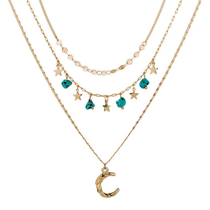 Turquoise and 18K Gold-Plated Layered Celestial Necklace, gold pendant necklace for women, front view