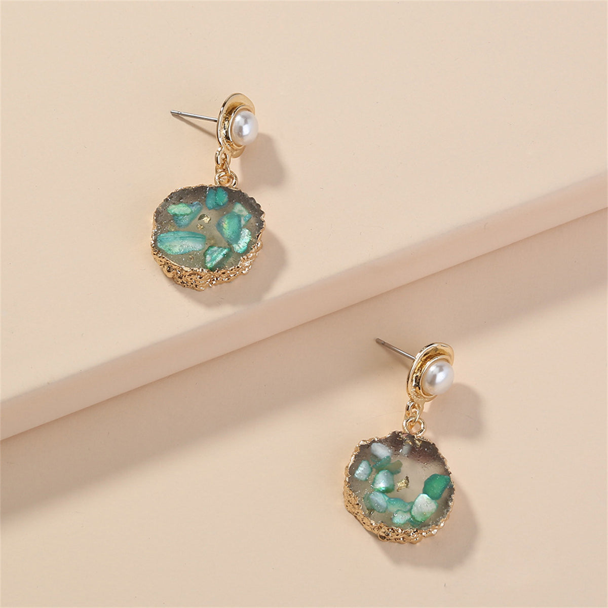 Green Resin and Pearl 18K Gold-Plated Tiered Drop Earrings, gold drop earrings for women, detail close-up