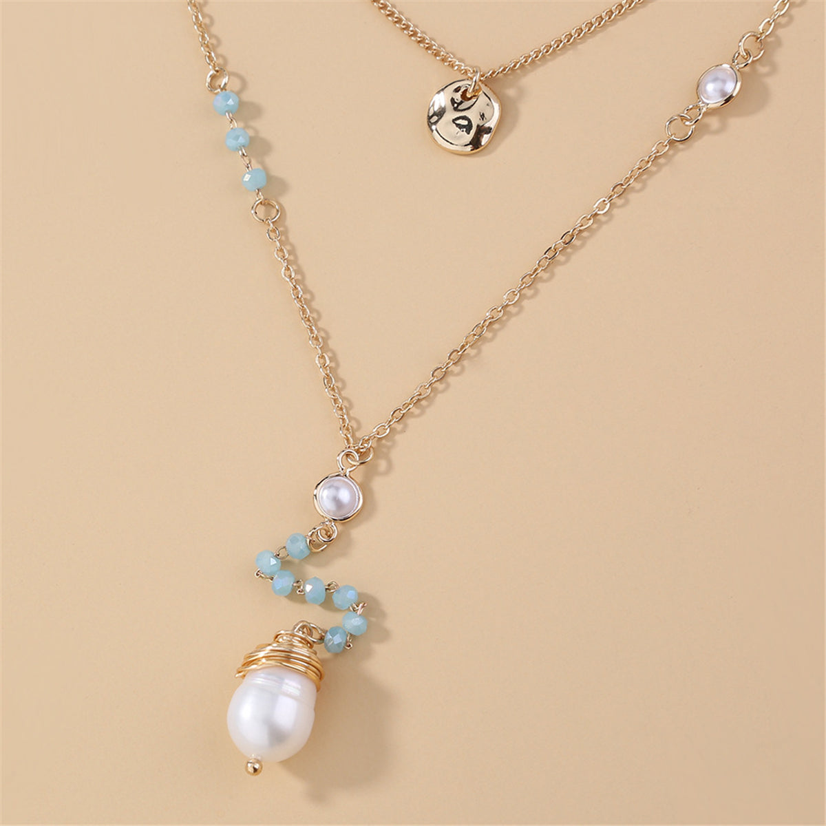 Pearl and Acrylic 18K Gold-Plated Layered Beaded Drop Necklace, gold pendant necklace for women, detail close-up