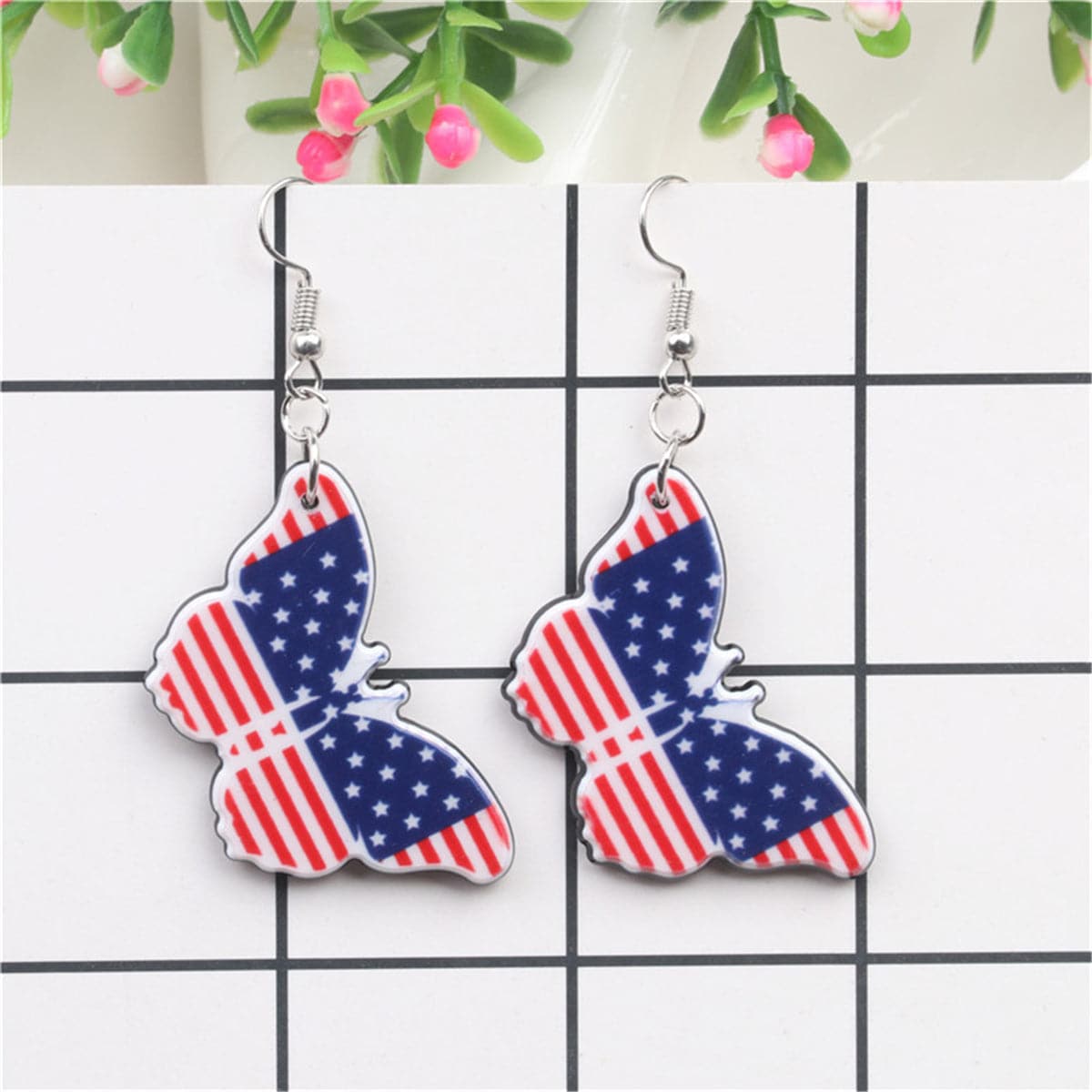 Red & Blue Acrylic Silver-Plated American Flag Butterfly Drop Earrings