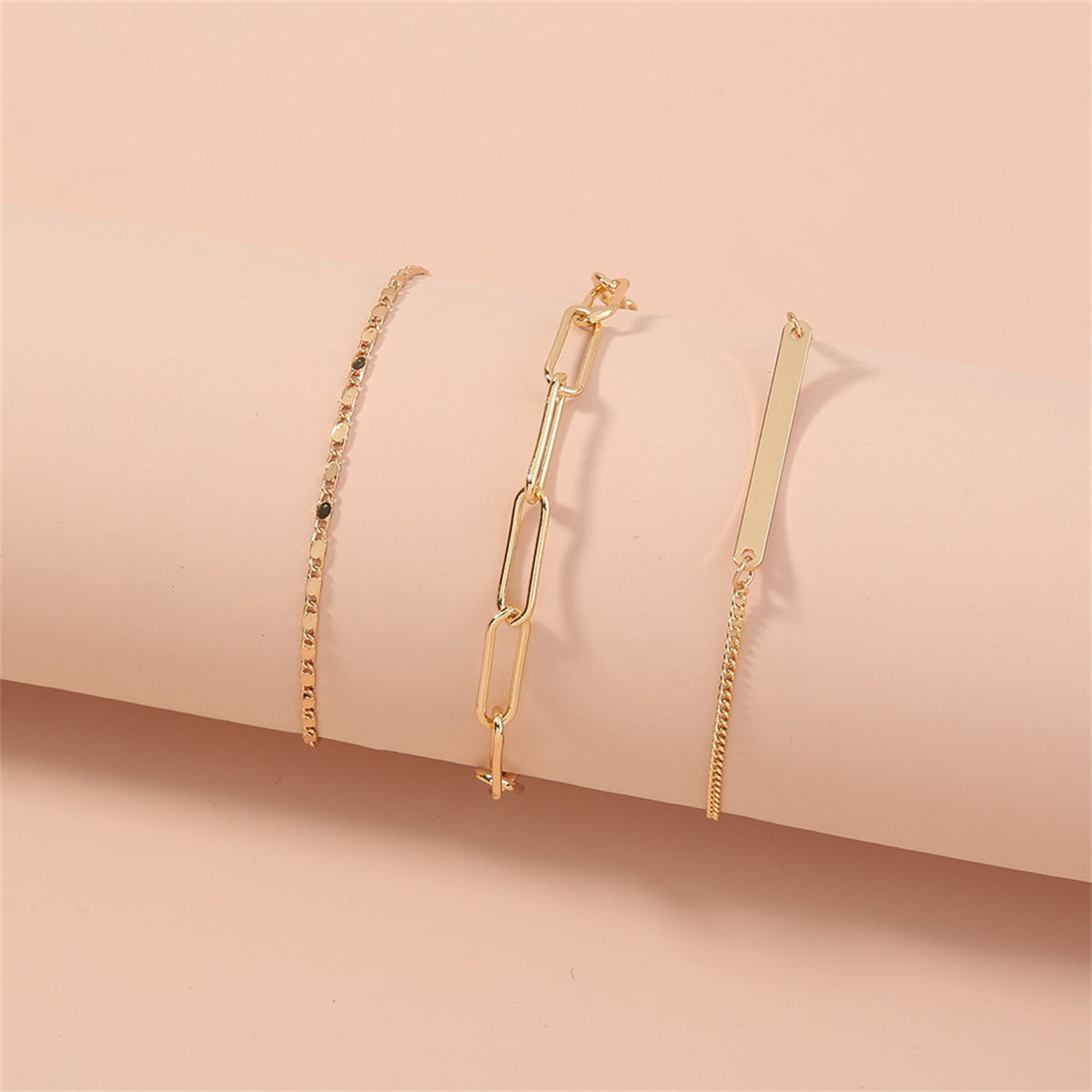 18K Gold-Plated Open Rectangle Chain Bracelet Set, jewelry gift sets for women, vintage-inspired design, side view