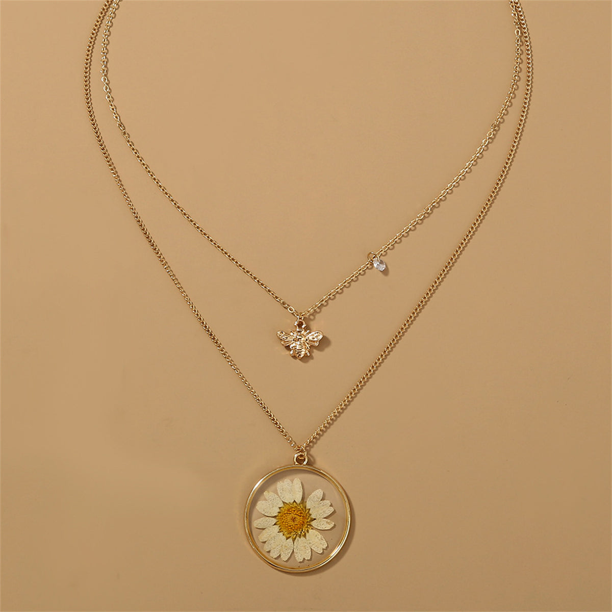 Cubic Zirconia & White Mum & Bee Layered Pendant Necklace