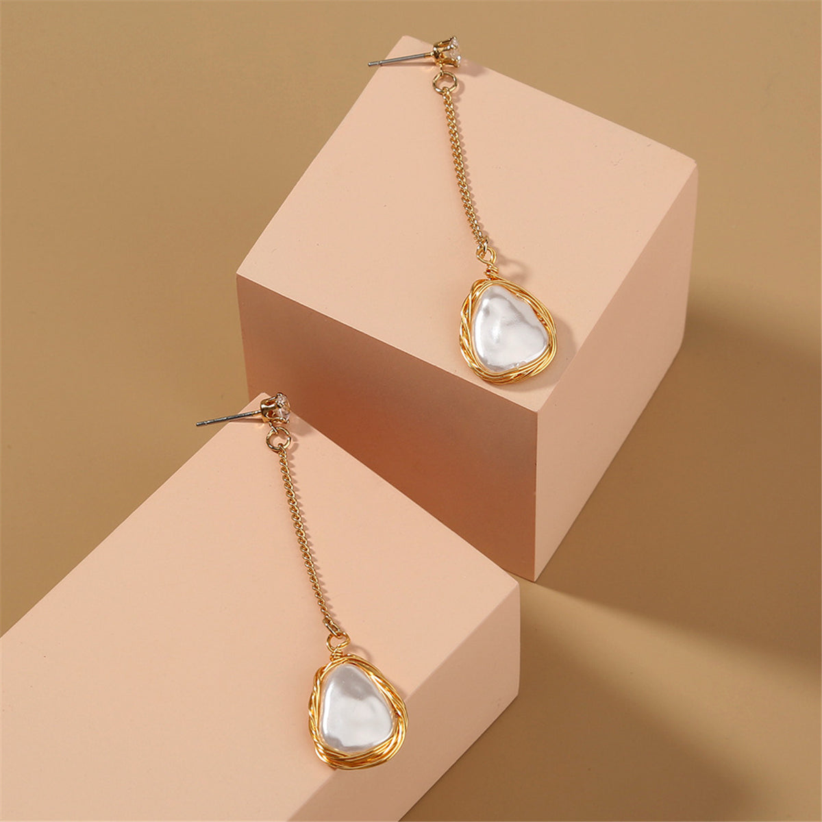 Cubic Zirconia and Pearl 18K Gold-Plated Chain Drop Earrings, gold drop earrings for women, detail close-up