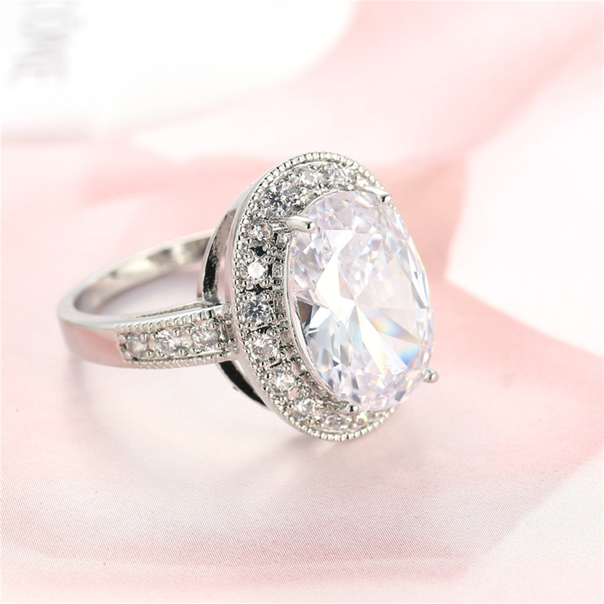 Crystal and Cubic Zirconia Silver-Plated Halo Oval-Cut Ring, silver statement rings for women, everyday style, lifestyle look