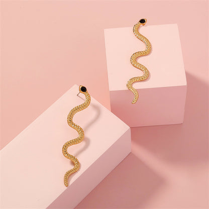 Cubic Zirconia and 18K Gold-Plated Snake Dangle Earrings, gold drop earrings for women, detail close-up