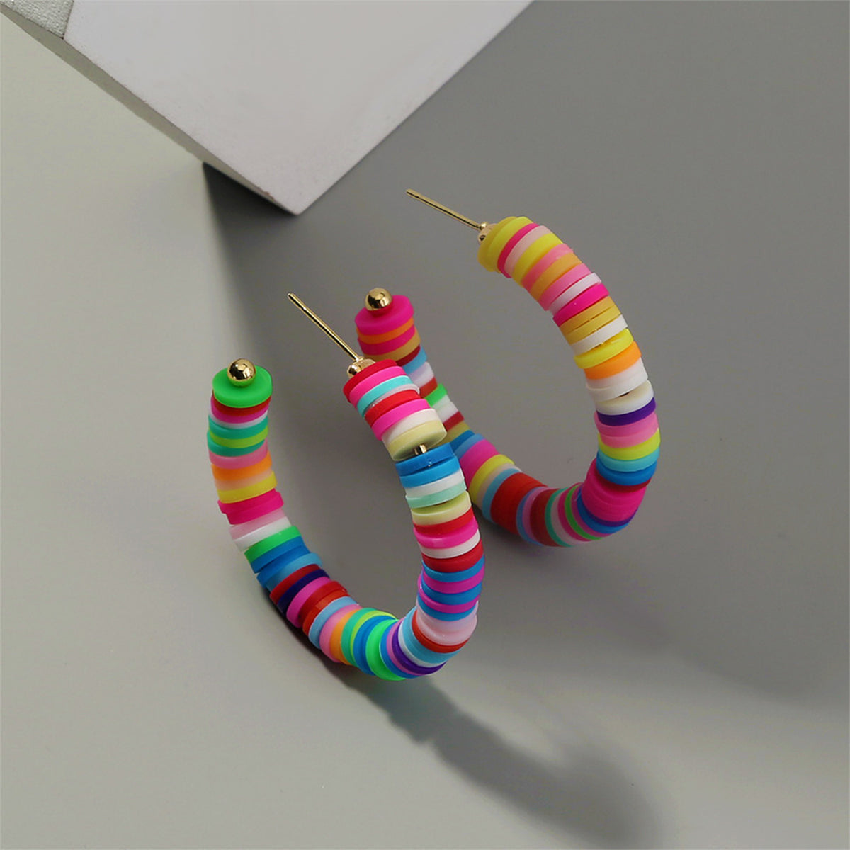 Rainbow Polymer Clay and 18K Gold-Plated Hoop Earrings, botanical inspired, styled look