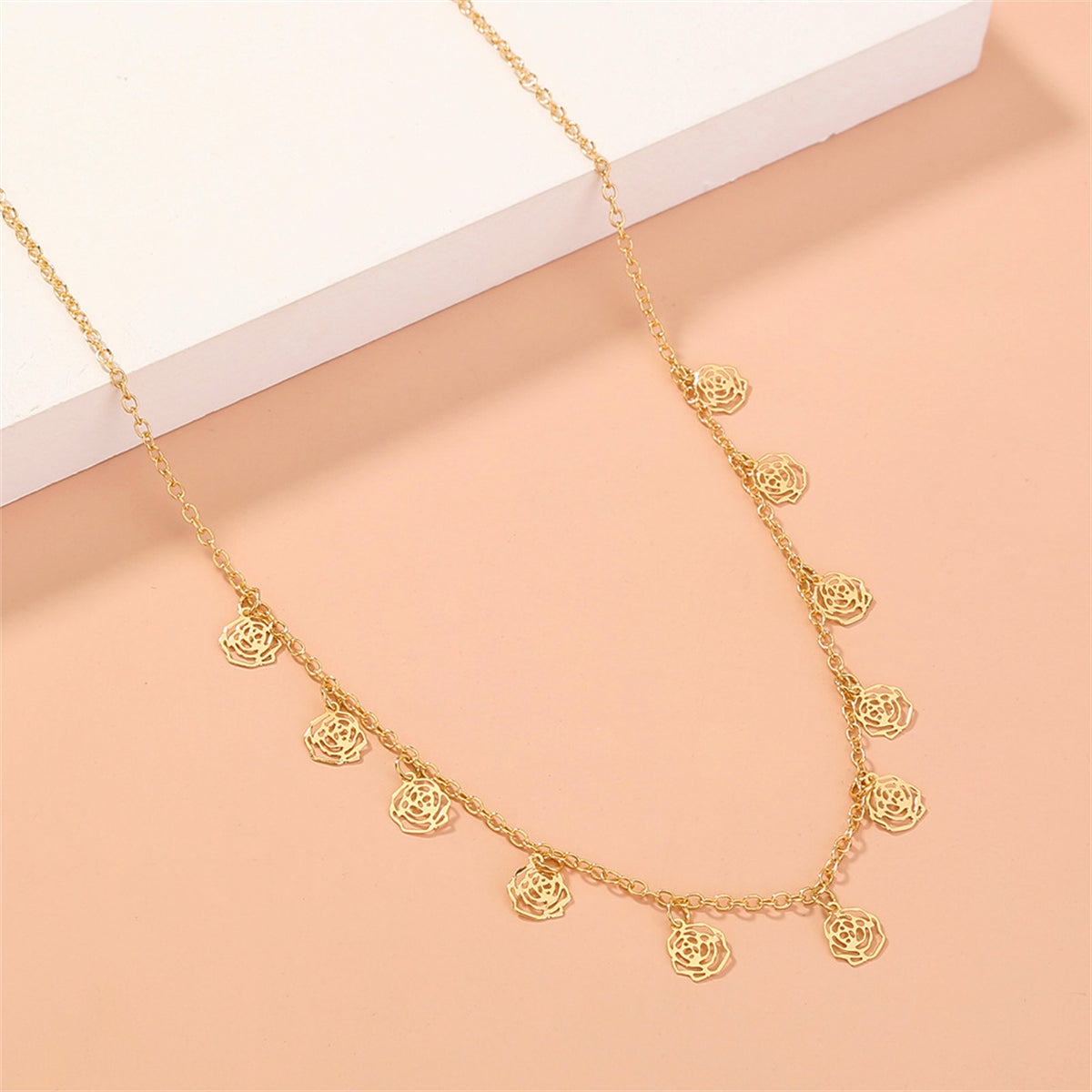 18K Gold-Plated Open Flower Station Necklace, gold pendant necklace for women, dainty minimalist design, styled look