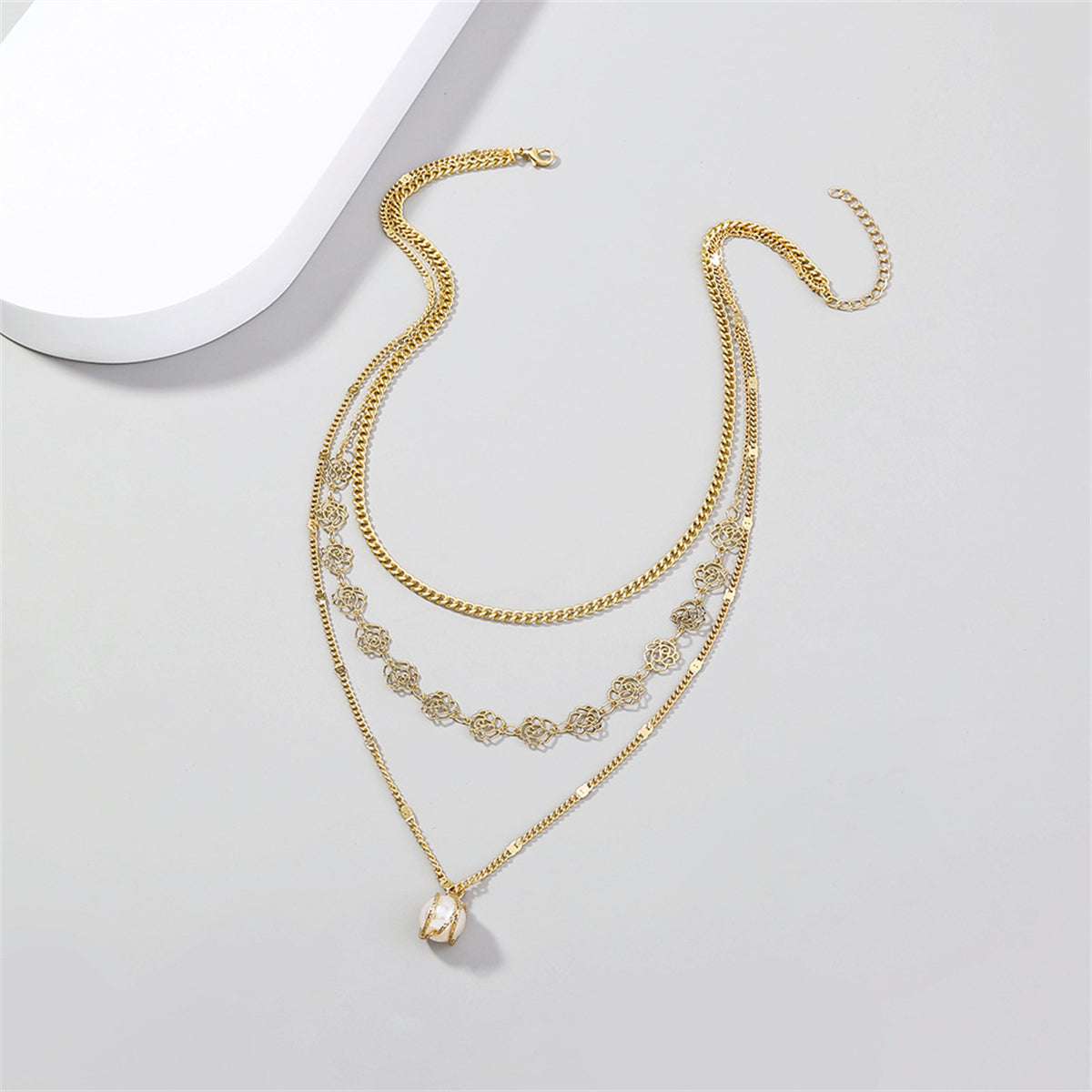 Pearl and 18K Gold-Plated Lotus Layered Station Necklace, gold pendant necklace for women, elegant gift for her, side view