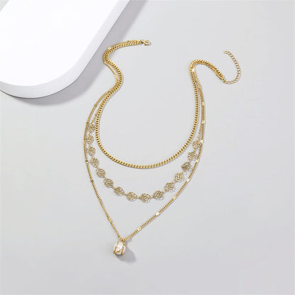 Pearl and 18K Gold-Plated Lotus Layered Station Necklace, gold pendant necklace for women, elegant gift for her, side view