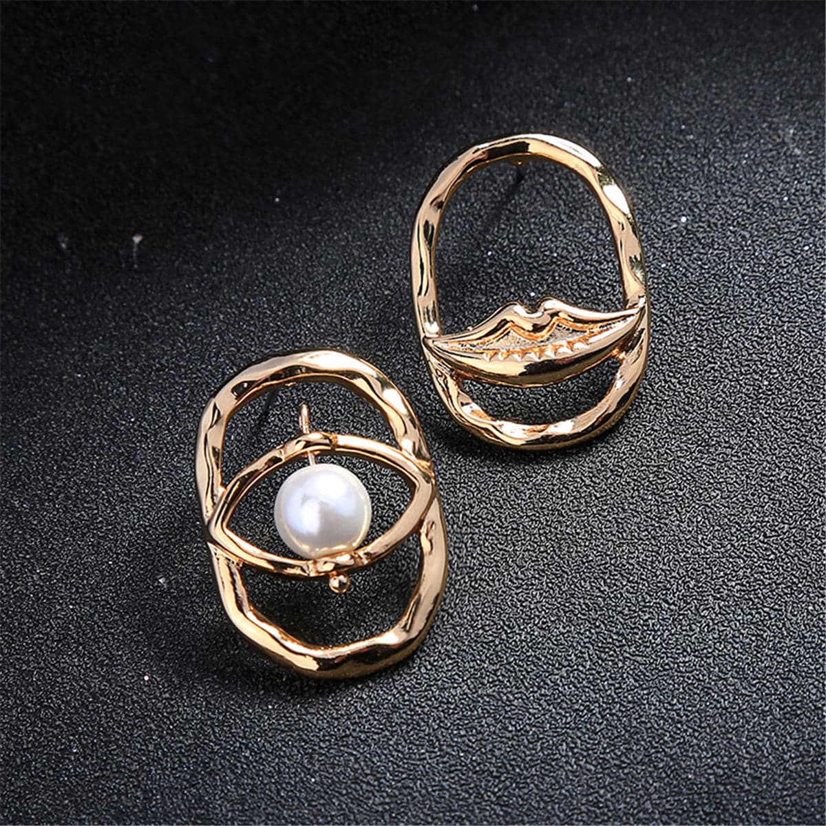 Pearl & 18K Gold-Plated Asymmetrical Eye Lip Stud Earrings