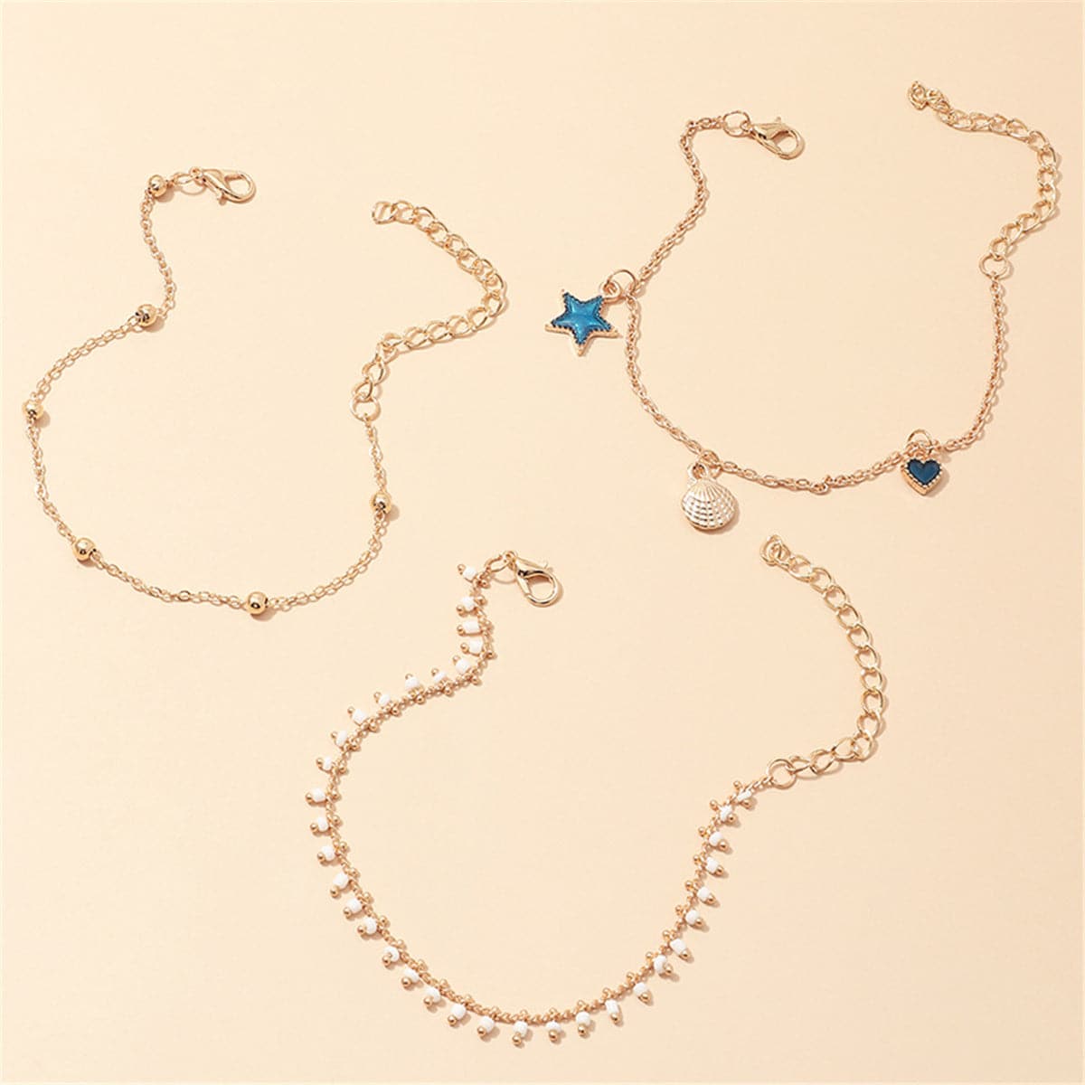 Blue Enamel & 18K Gold-Plated Star Anklet Set