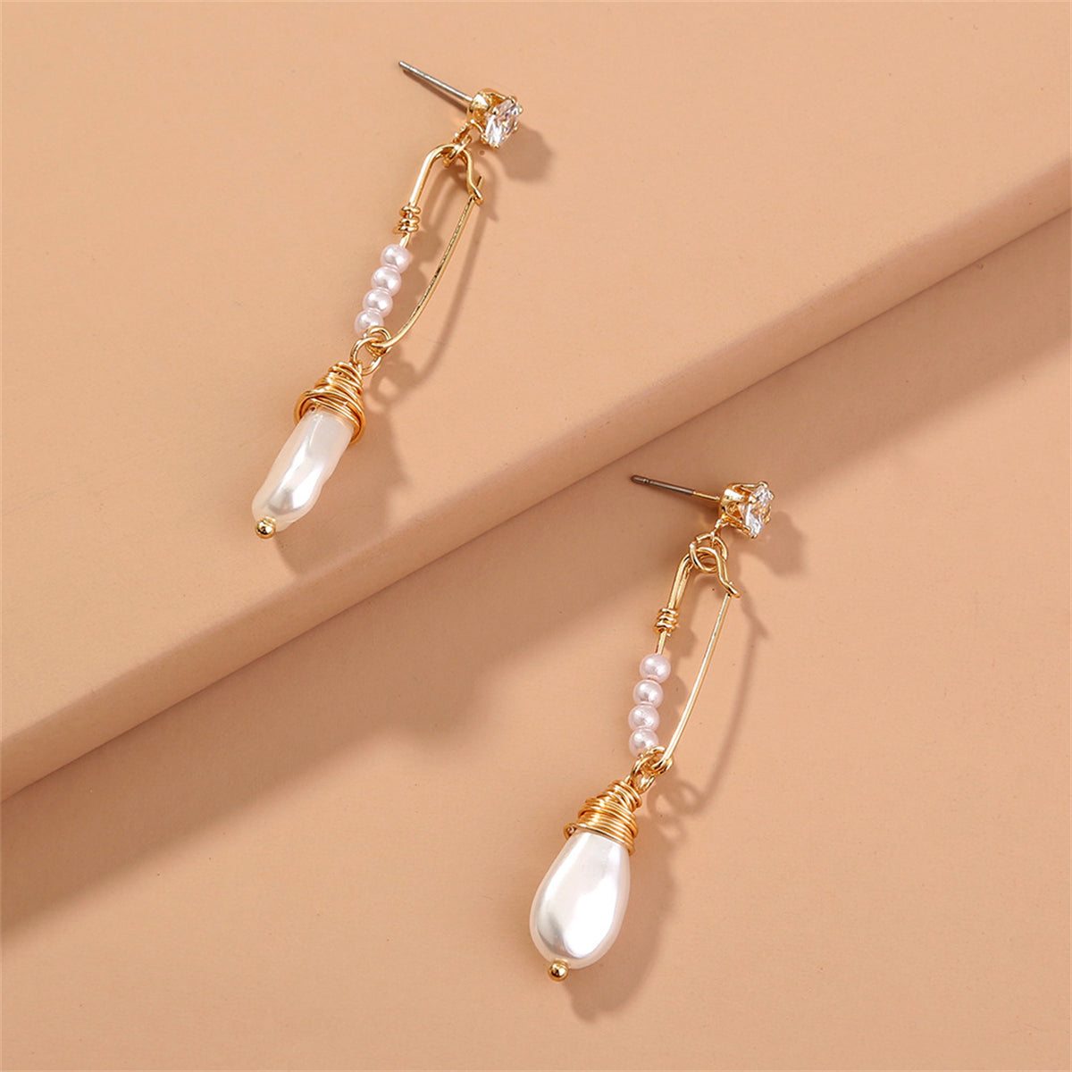 Cubic Zirconia & Pearl 18K Gold-Plated Safety Pin Drop Earrings