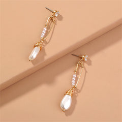 Cubic Zirconia & Pearl 18K Gold-Plated Safety Pin Drop Earrings