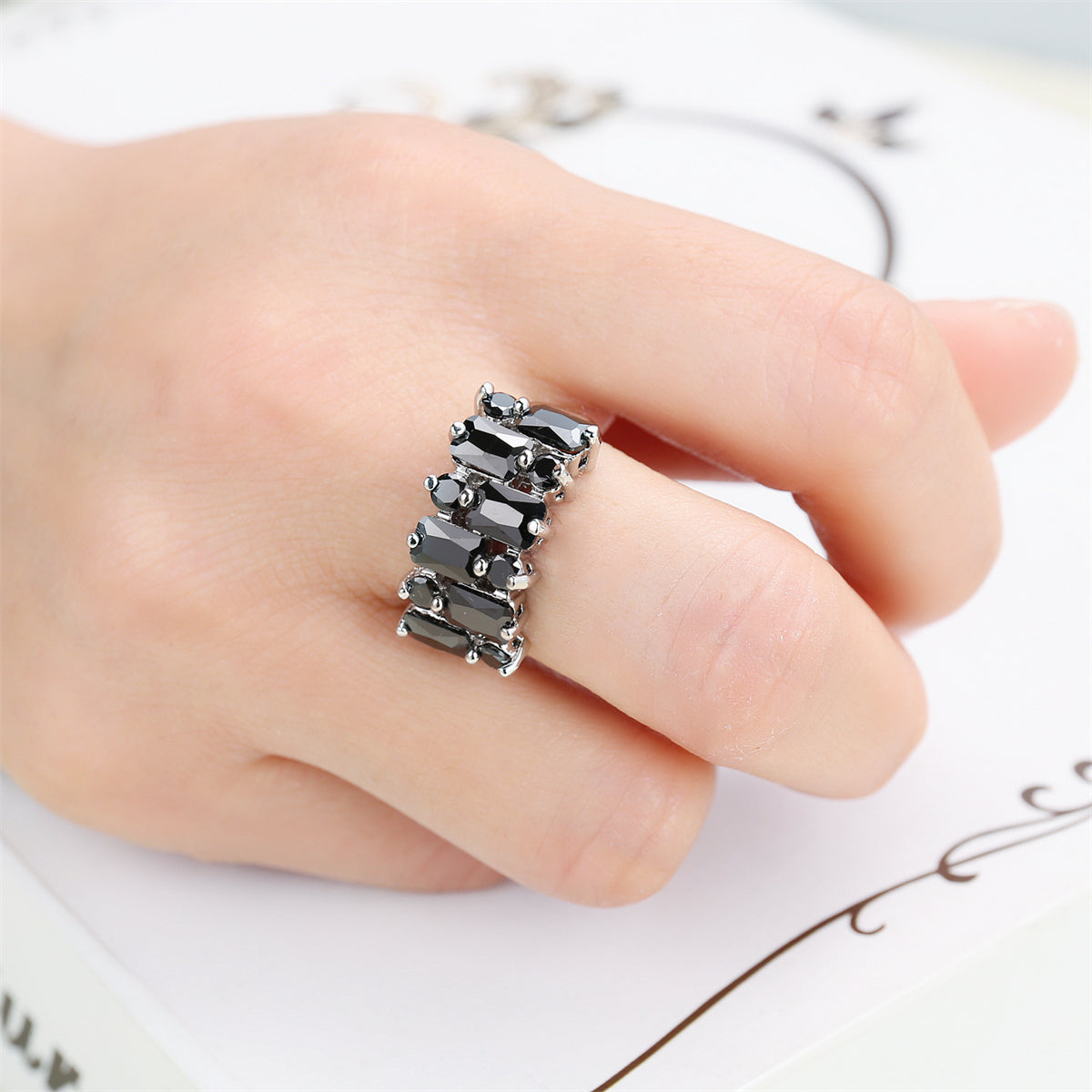 Black Crystal & Black Cubic Zirconia Radiant-Cut Cluster Pavé Ring