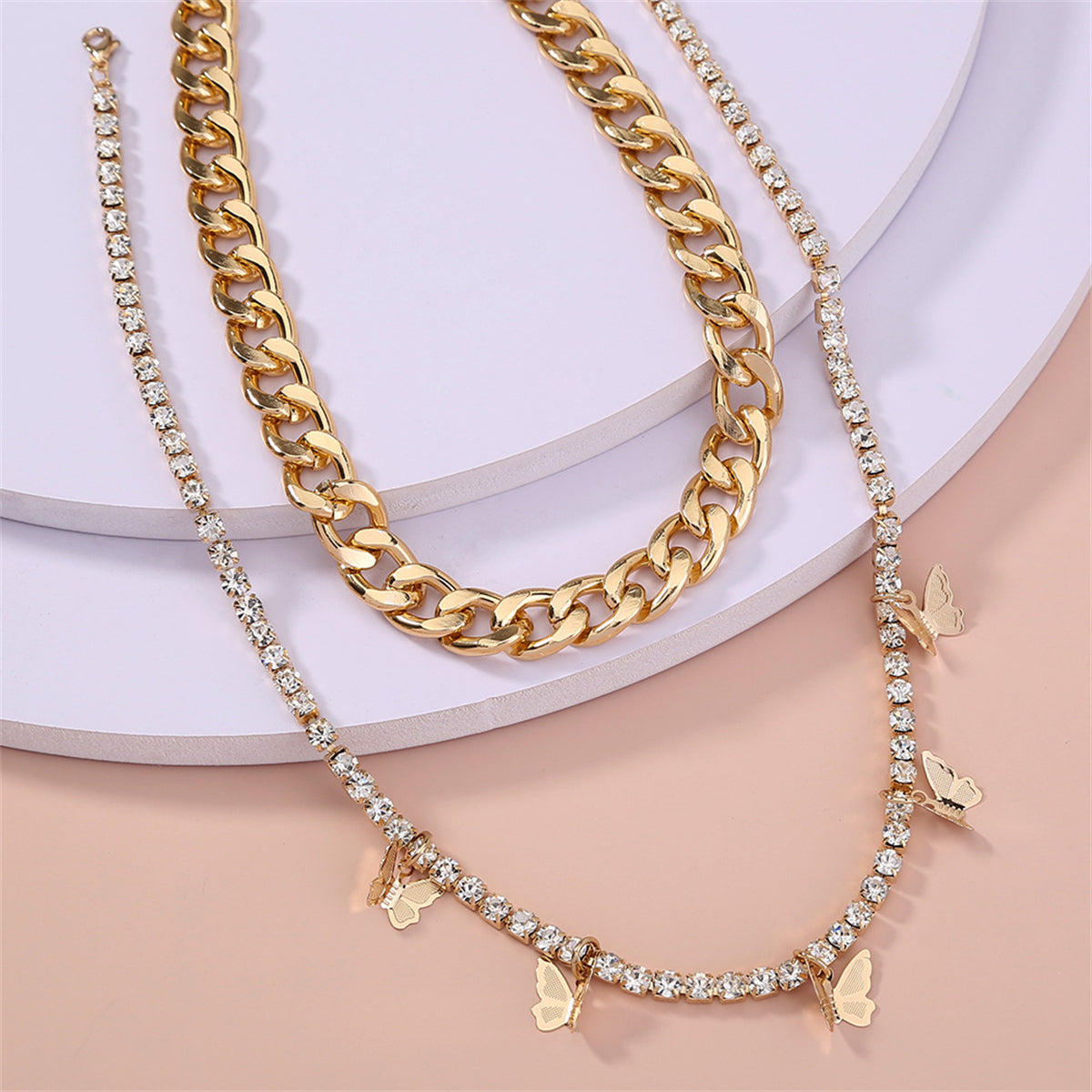 Cubic Zirconia & 18K Gold-Plated Butterfly Station Necklace Set