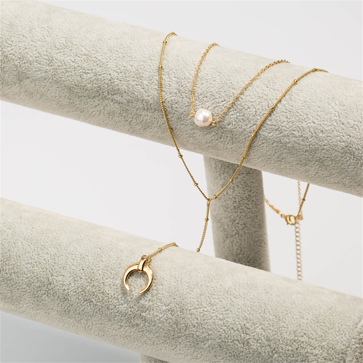 Pearl and 18K Gold-Plated Moon Drop Layered Necklace, gold pendant necklace for women, dainty minimalist design, side view