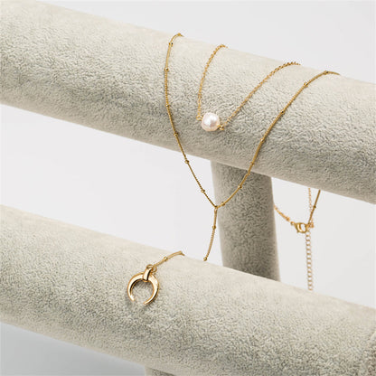 Pearl and 18K Gold-Plated Moon Drop Layered Necklace, gold pendant necklace for women, dainty minimalist design, side view