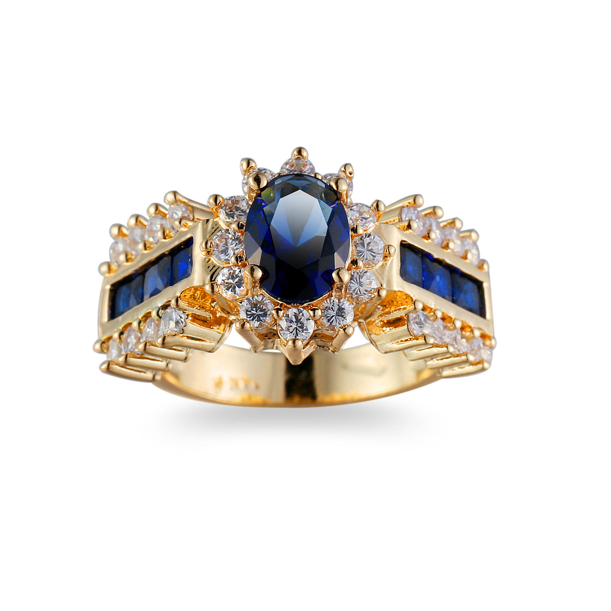 Navy Crystal and Cubic Zirconia 18K Gold-Plated Oval-Cut Ring, gold statement rings for women, detail close-up