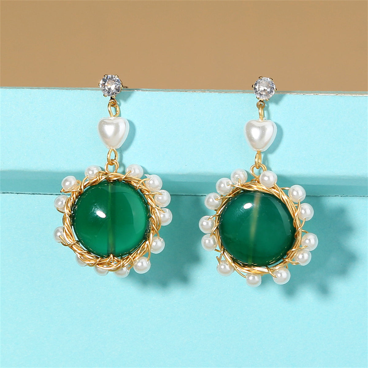 Cubic Zirconia & Green Resin 18K Gold-Plated Circular Drop Earrings